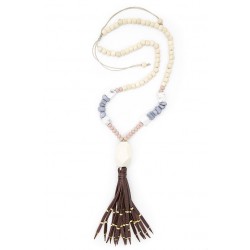 Suede Brown Fringe Wooded Beaded Necklace