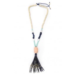 Suede Navy Fringe Wooded Beaded Necklace